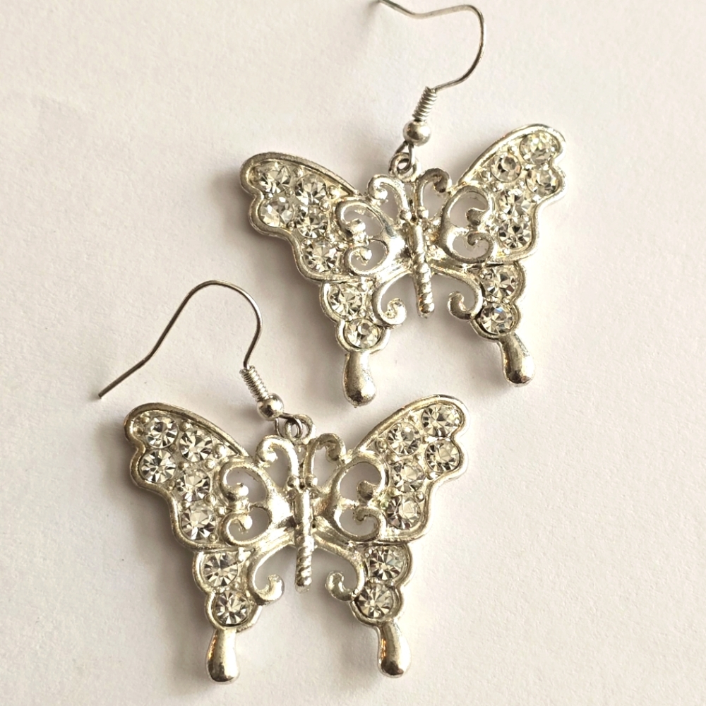 Butterfly earrings silver tone dangly bug moth insect figural clear rhinestones